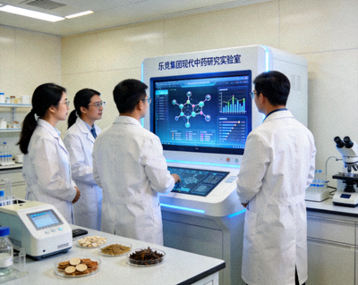 乐竟集团现代中药产品研发实验室场景，科研人员正在通过数字化设备解析中药成分与作用机制