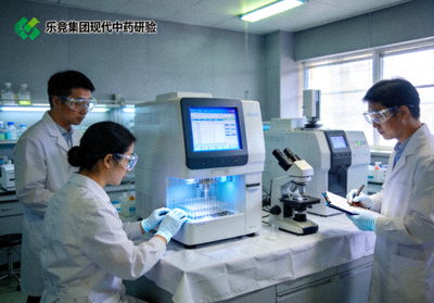 乐竟集团现代中药研发团队在实验室内使用精密仪器进行药物成分分析工作场景