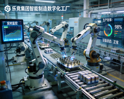 乐竟集团智能制造数字化工厂产线实时监控画面，自动化机器人正在高效生产