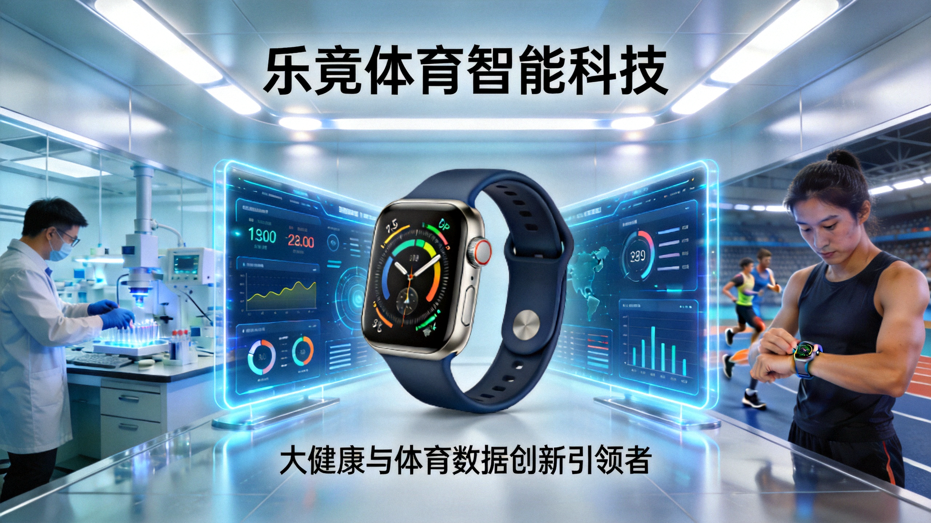 乐竟体育智能科技公司官网首页大图，展示公司在大健康与体育数据领域的创新科技与产品场景